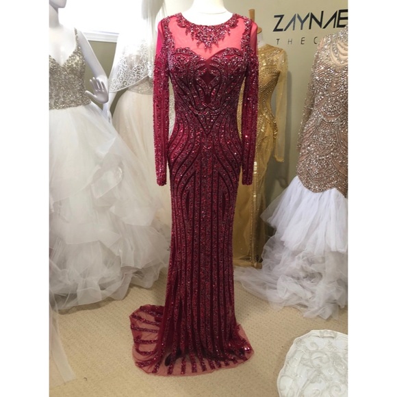 Burgundy Long sleeved beaded Evening Gown - Picture 3 of 4